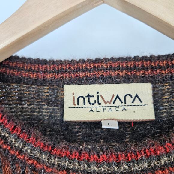 Intiwara Mens Sweater Brown Red 100% Alpaca Knit Long Sleeve Pullover Size L - Picture 3 of 7